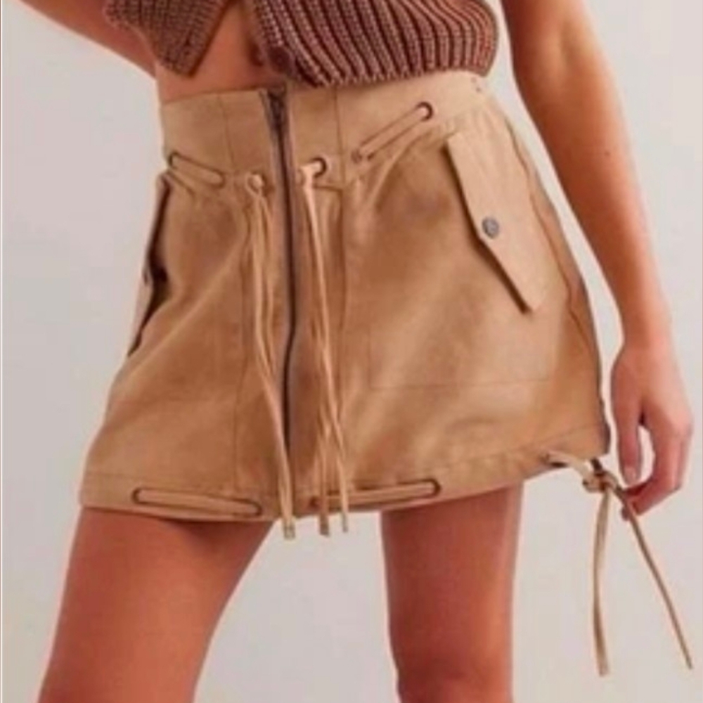 Free People Sierra Vegan Suede Mini Festival Skirt Tan Size 2